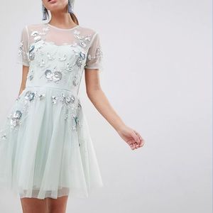 ASOS DESIGN premium embellished tulle open back mini dress 8 EUC seafoam